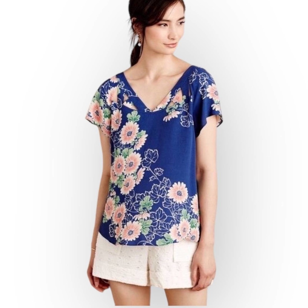 Anthropologie Maeve Floral Print Cutout Short Sleeve Blouse Size 6